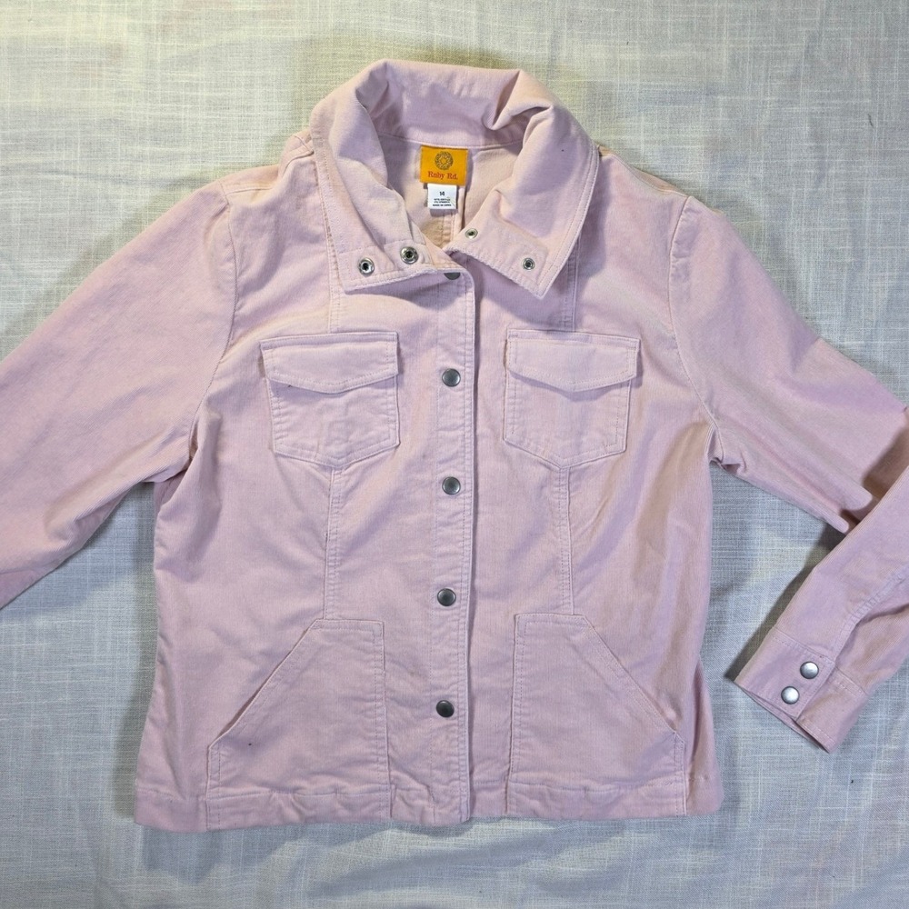Ruby Rd Pink Corduroy Snap Front Utility Jacket Women Size 14 Funnel Neck Cotton